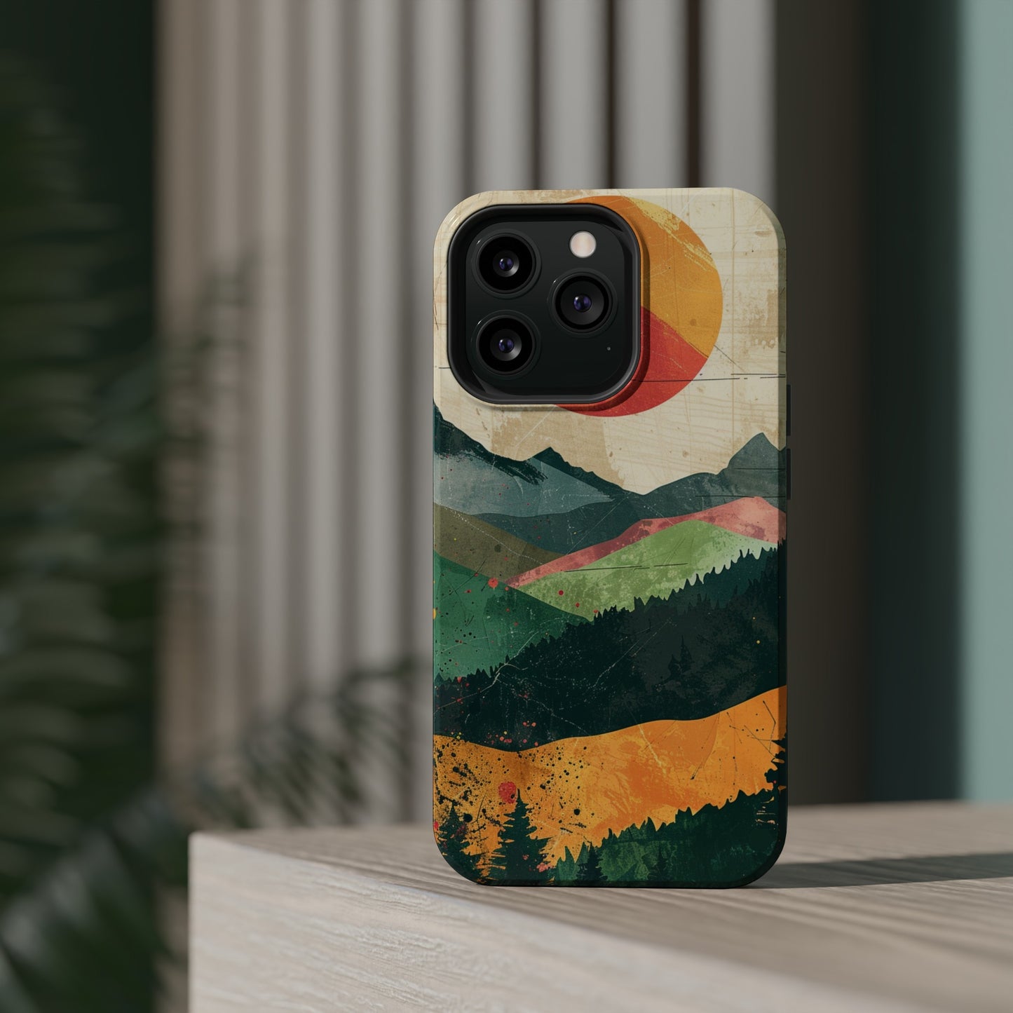 Retro Mountain Sunset Orange and Red MagSafe Phone Case, iPhone 15 Case, Tough Phone Cover, Americana Outdoor Nature Lover