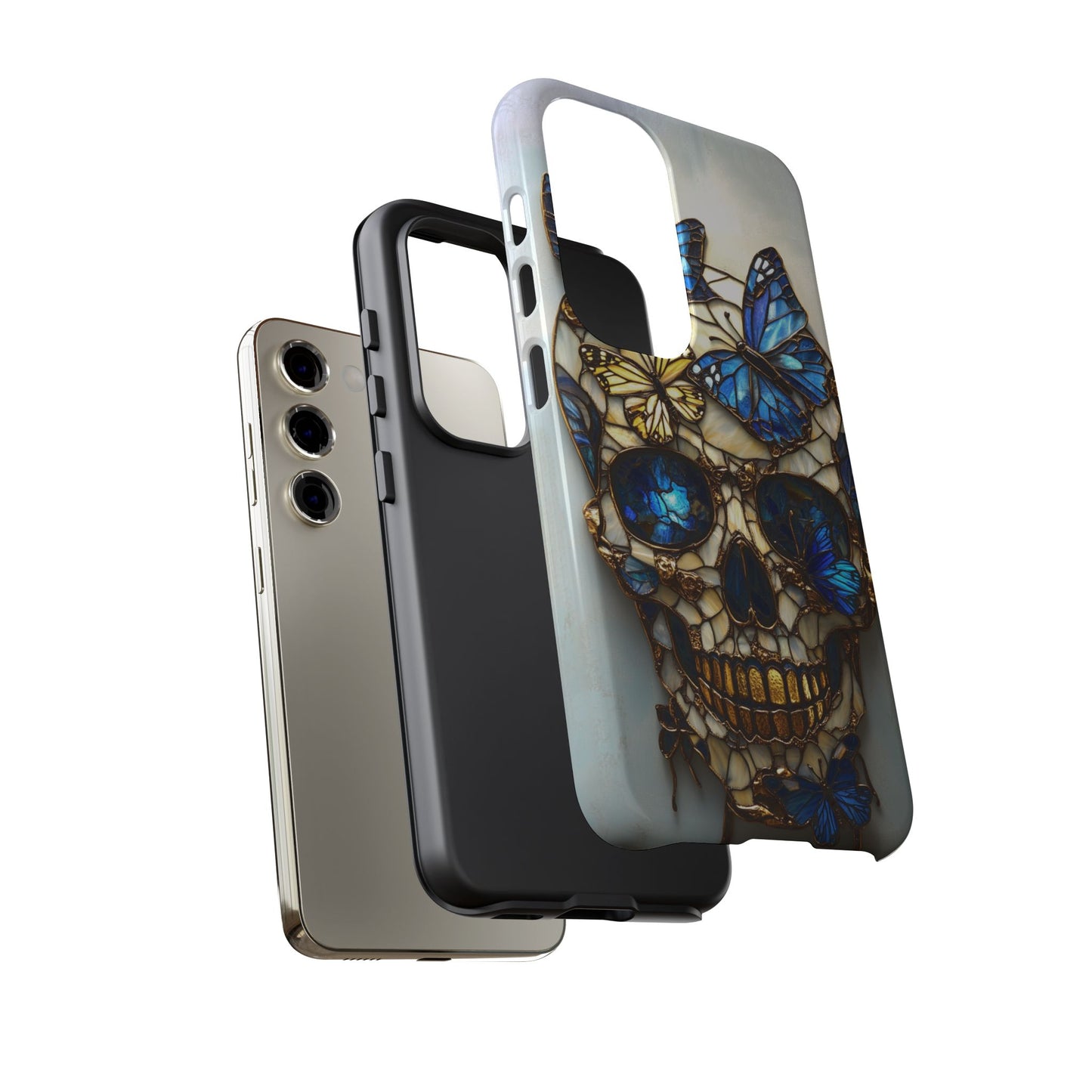 Gold and Blue Stained Glass Skull and Butterflies Phone Cover