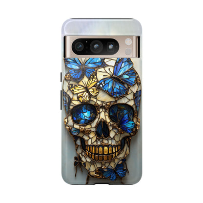 Gold and Blue Stained Glass Skull and Butterflies Phone Cover