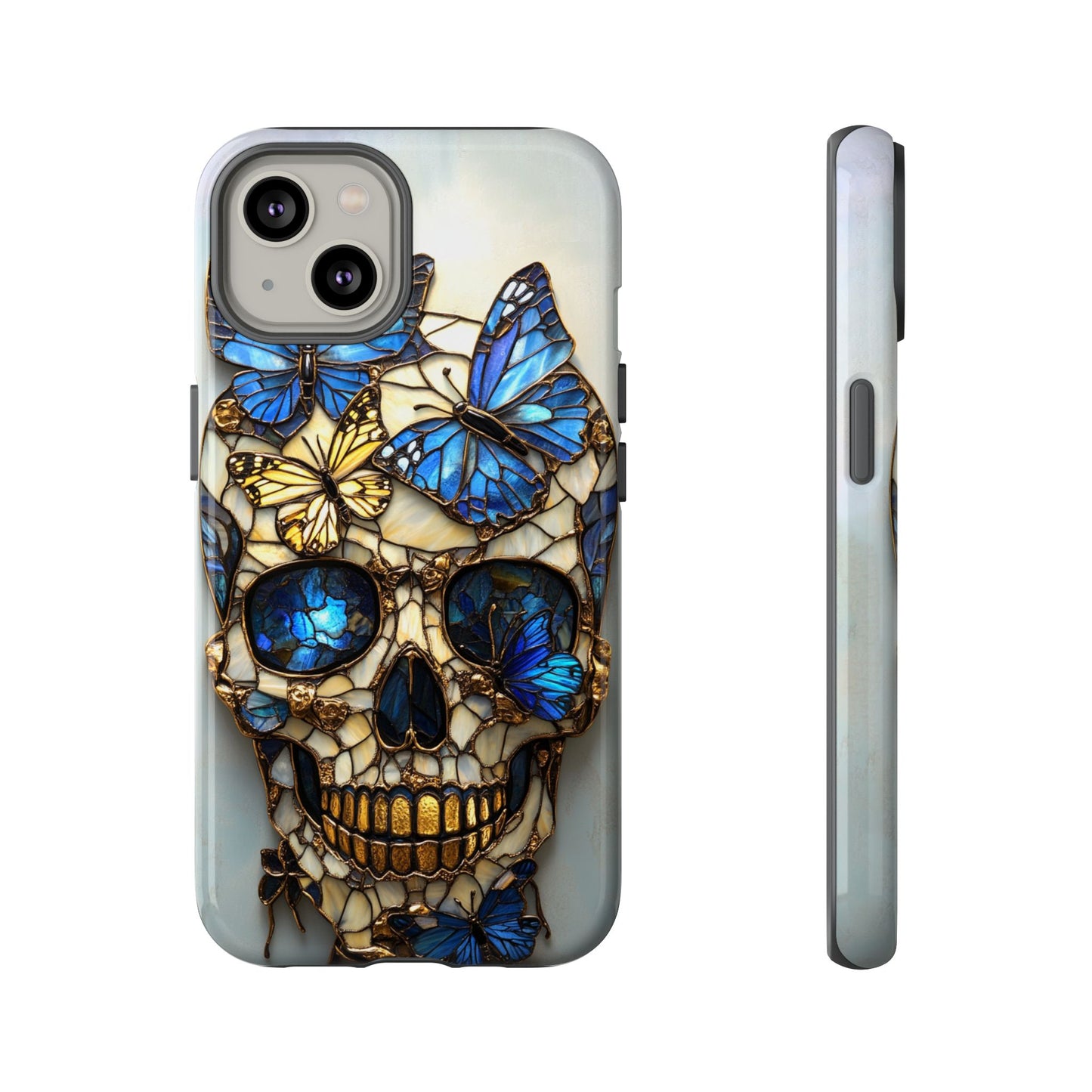 Gold and Blue Stained Glass Skull and Butterflies Phone Cover