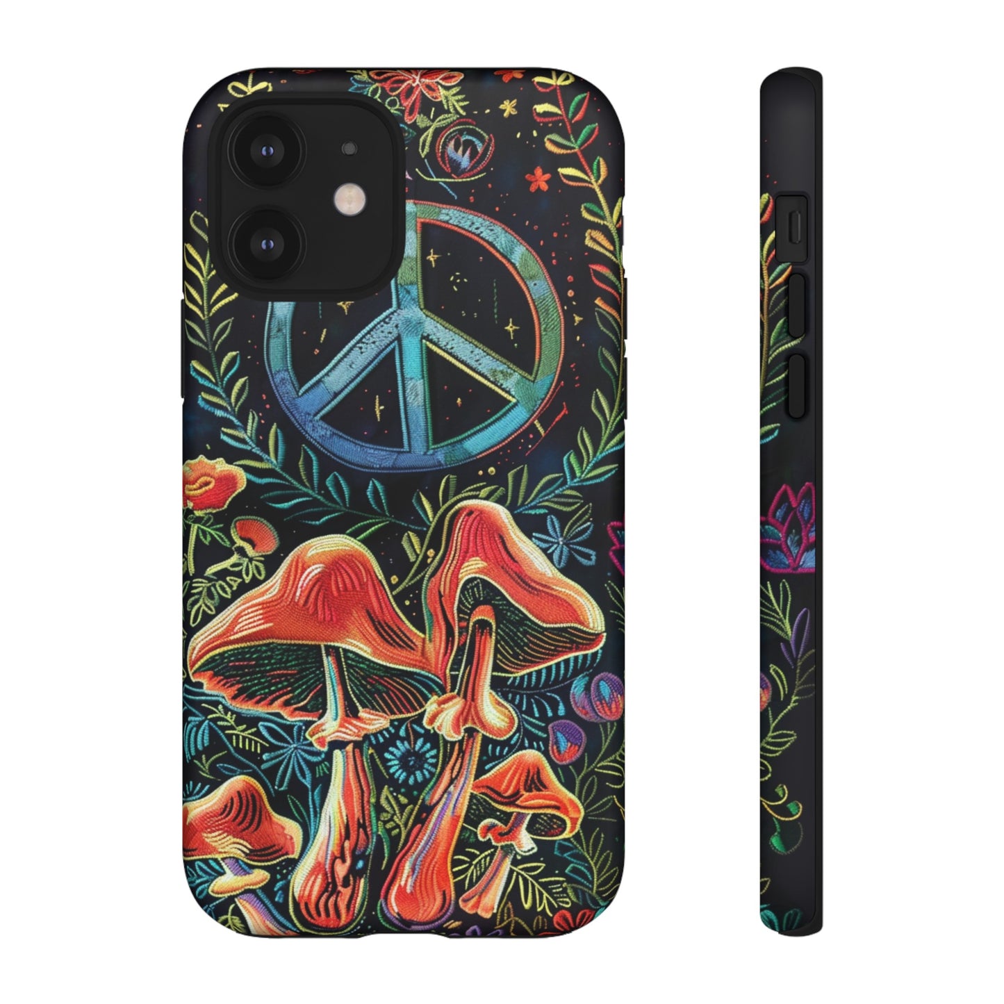 Embroidery Style Magic Mushrooms and Peace Sign Phone Case