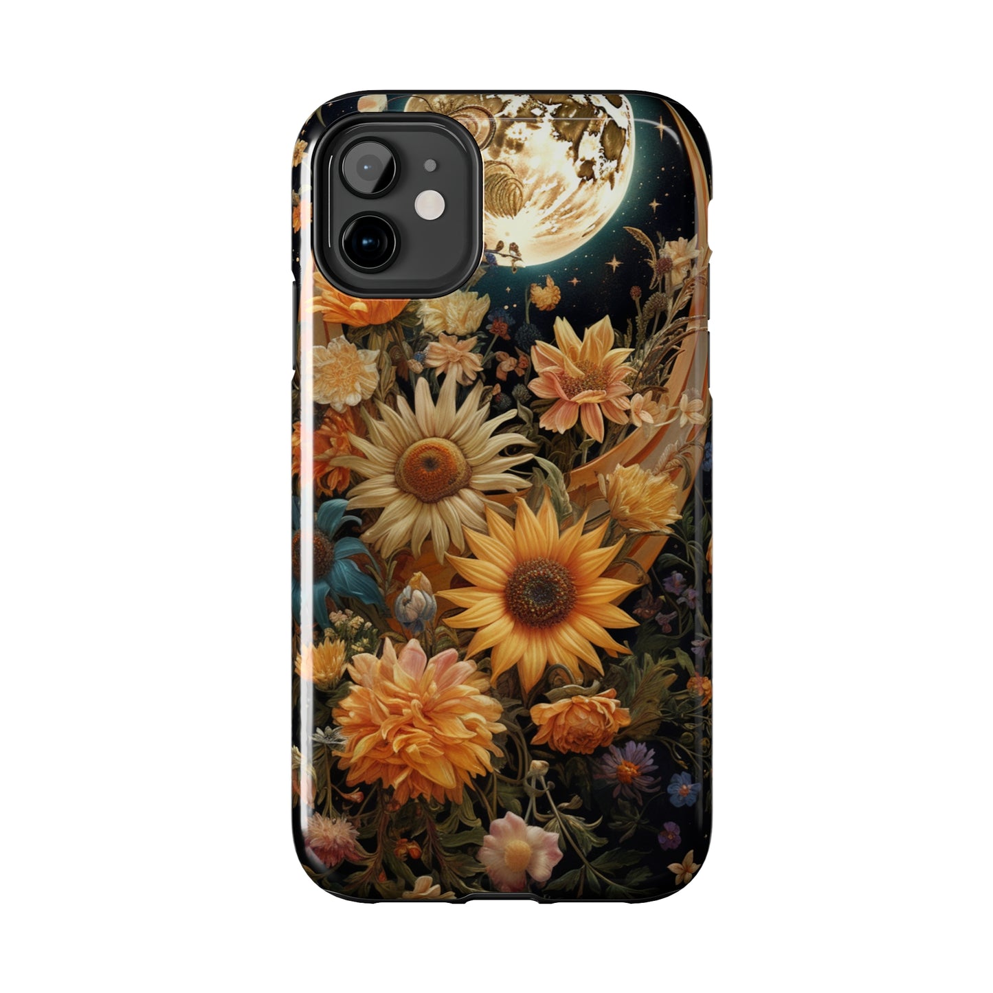 Celestial Charm: iPhone Case with Boho Cottagecore Fusion of Floral, Sun, Moon & Stars