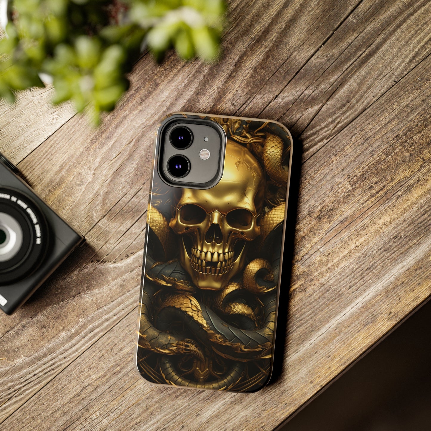 iPhone 14 Case Dark Elegance: Gold Skulls and Snakes Tough iPhone Case | An Edgy Goth Delight