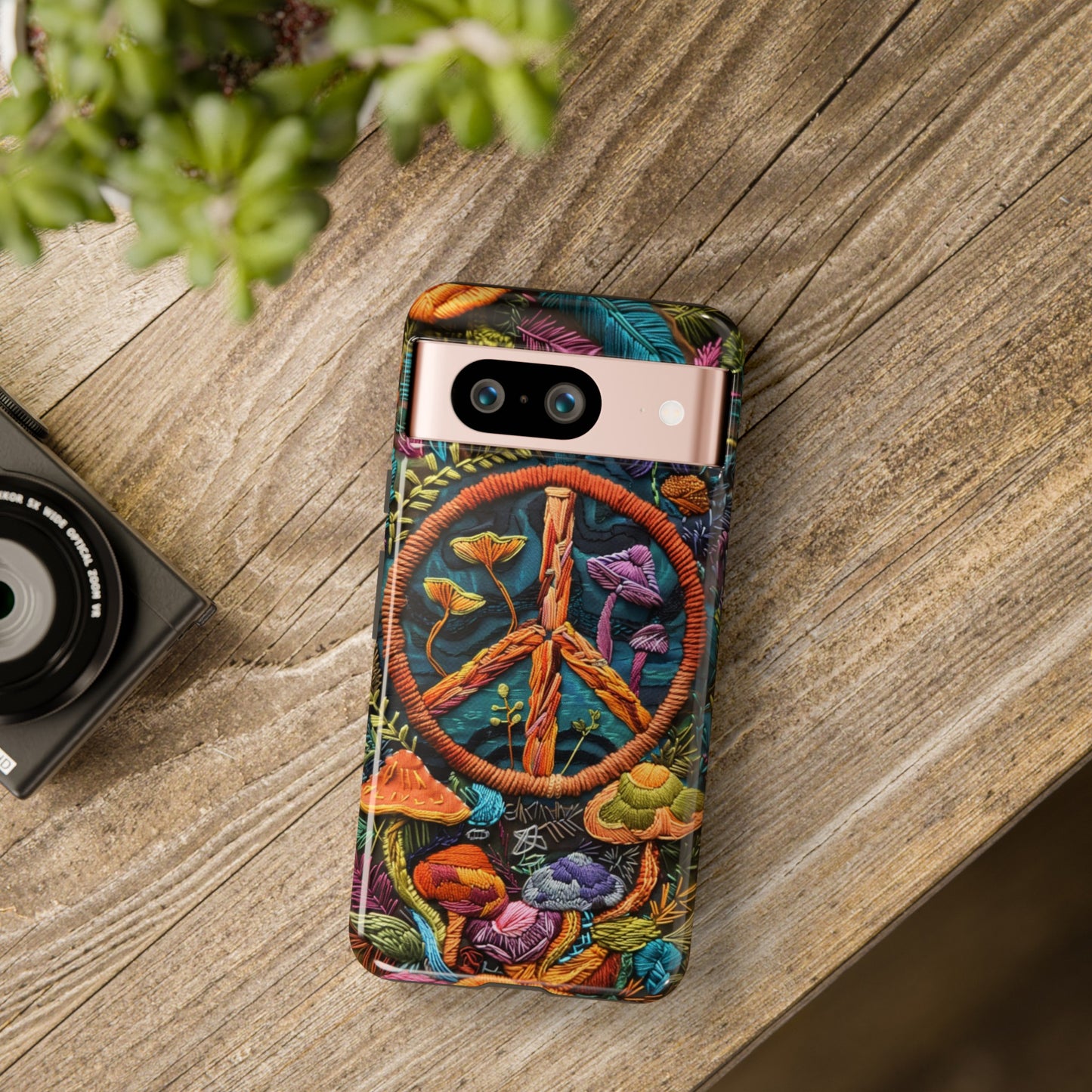 Embroidery Style Magic Mushrooms and Peace Sign Phone Case