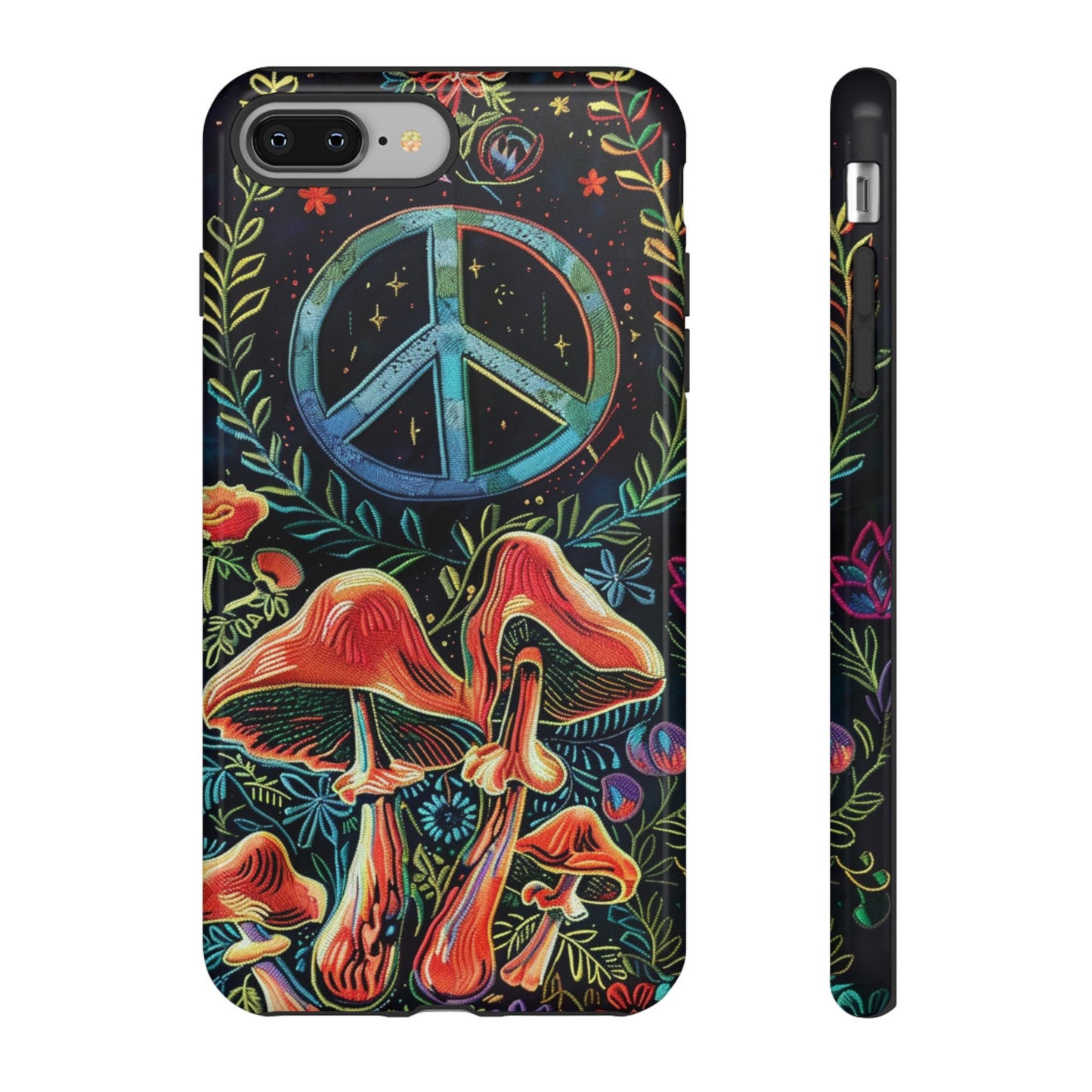 Embroidery Style Magic Mushrooms and Peace Sign Phone Case