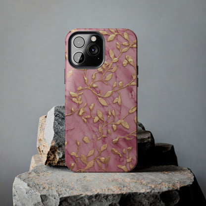 iPhone 14 Case Alluring Elegance: Pink & Gold Leaf Tough iPhone Case