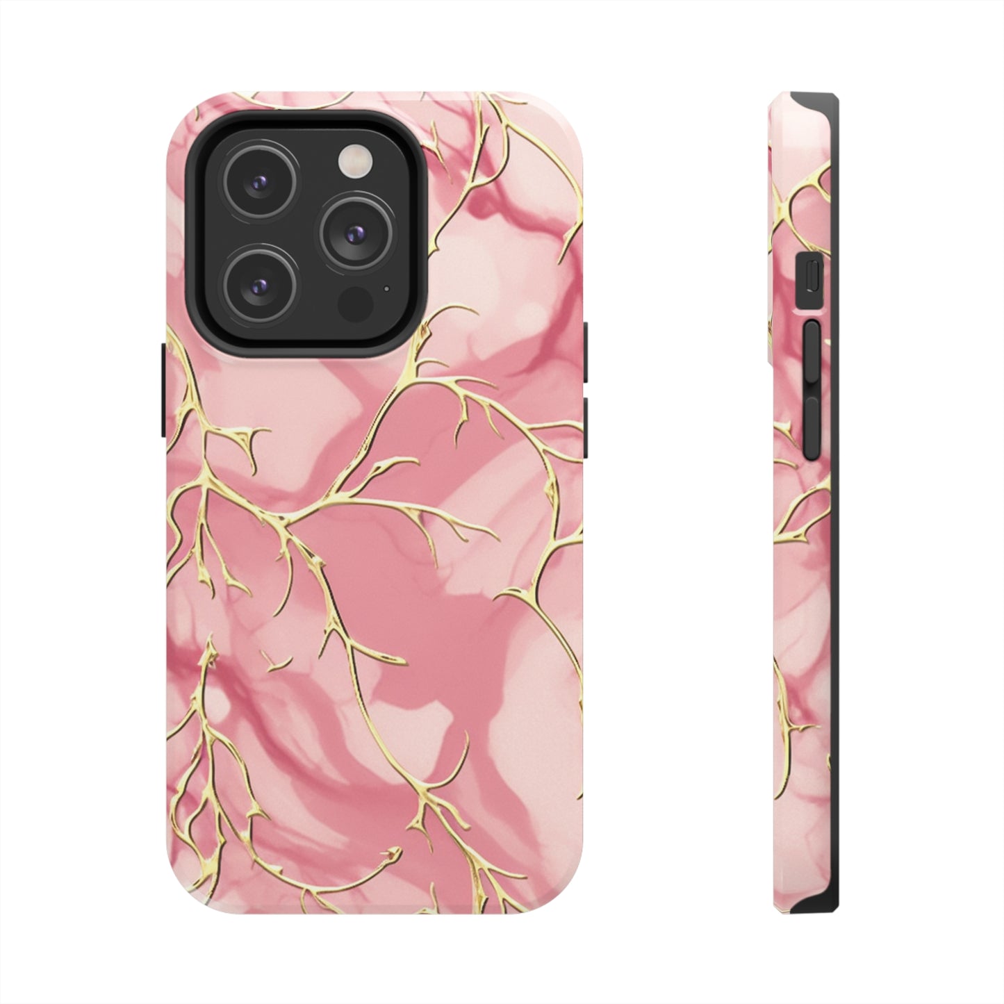 iPhone Elegance Unveiled: Pink & Gold Leaf Marble | Premium Tough iPhone Case