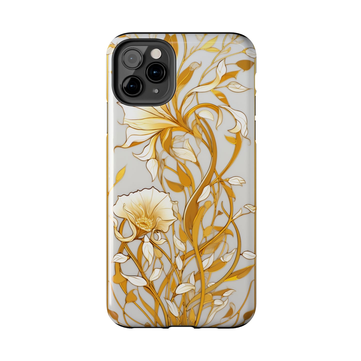 Gold floral Elegance: Art Deco Stained Glass iPhone Case | Vintage Glamour & Modern Protection for iPhone Models 11 through 14 Pro Max