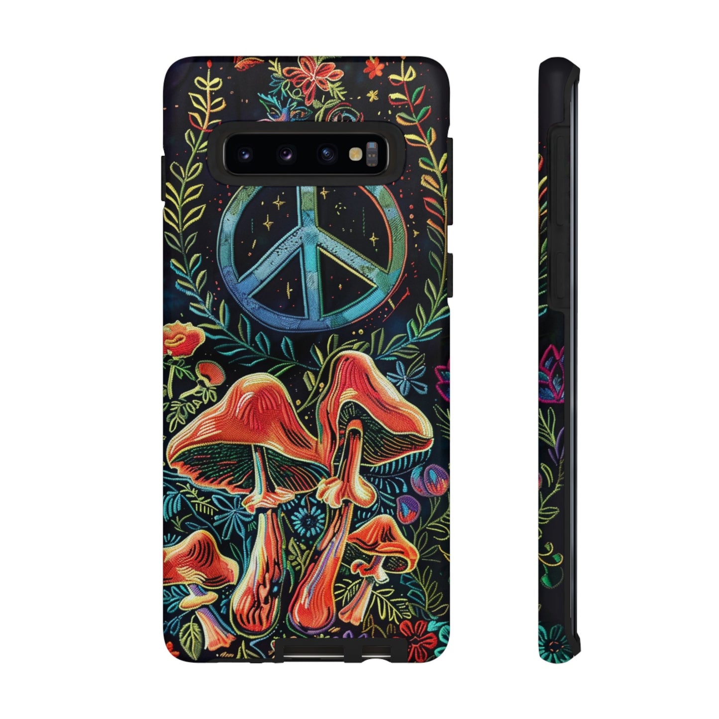 Embroidery Style Magic Mushrooms and Peace Sign Phone Case