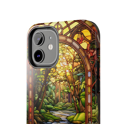 Stained Glass Stone Bridge and River Phone Case: Floral Art Nouveau Design | Bohemian Elegance for iPhone 14 Pro Max, iPhone 14 Plus