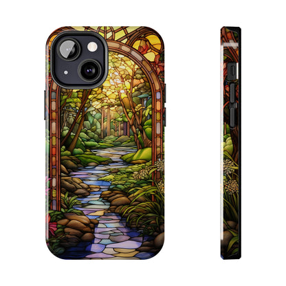 Stained Glass Stone Bridge and River Phone Case: Floral Art Nouveau Design | Bohemian Elegance for iPhone 14 Pro Max, iPhone 14 Plus