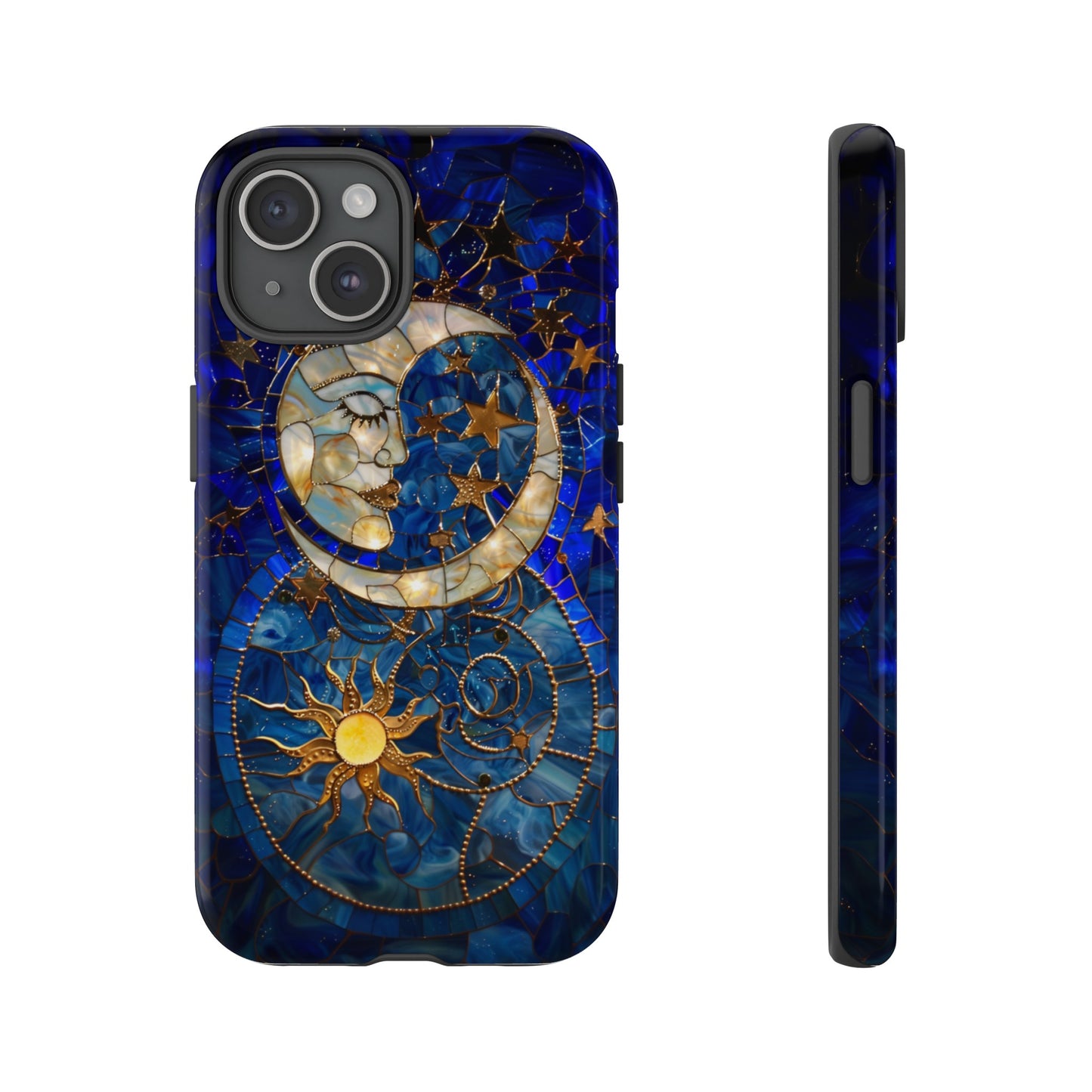 Celestial Stained Glass Moon and Stars Phone Case, Night Sky iPhone 15 Case