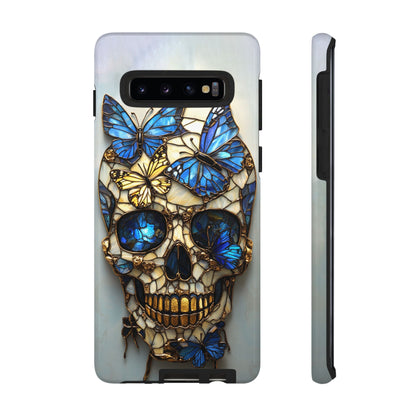 Gold and Blue Stained Glass Skull and Butterflies Phone Cover