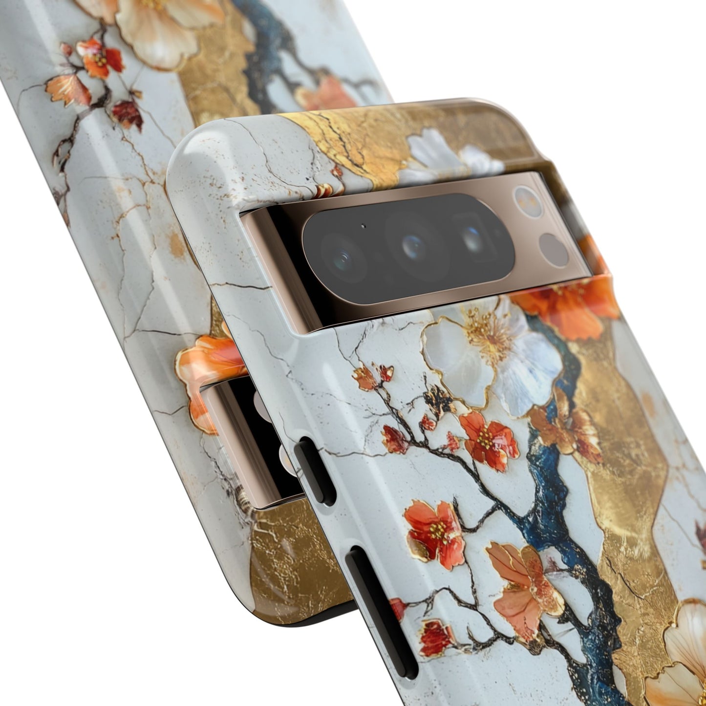 White Marble Style Floral Aesthetic Gold Inlay Japanese Art Phone Case