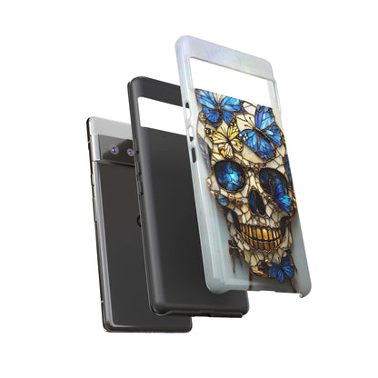 Gold and Blue Stained Glass Skull and Butterflies Phone Cover