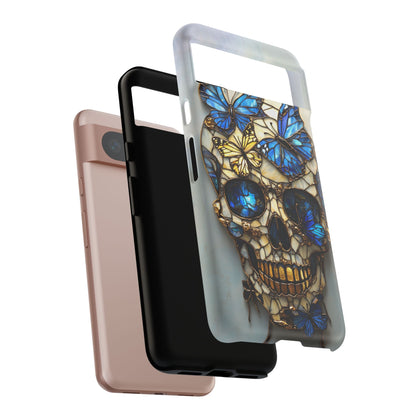 Gold and Blue Stained Glass Skull and Butterflies Phone Cover