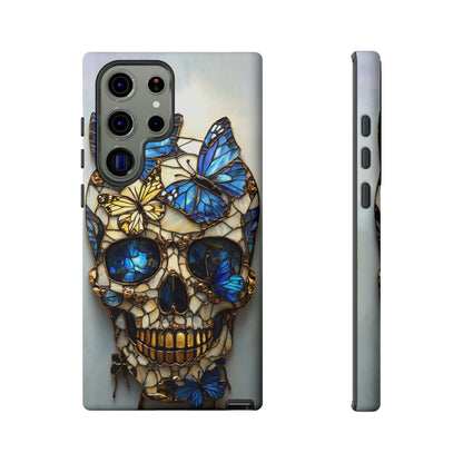 Gold and Blue Stained Glass Skull and Butterflies Phone Cover