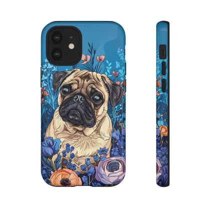 Cute Pug Dog Blue Floral Design Phone Case