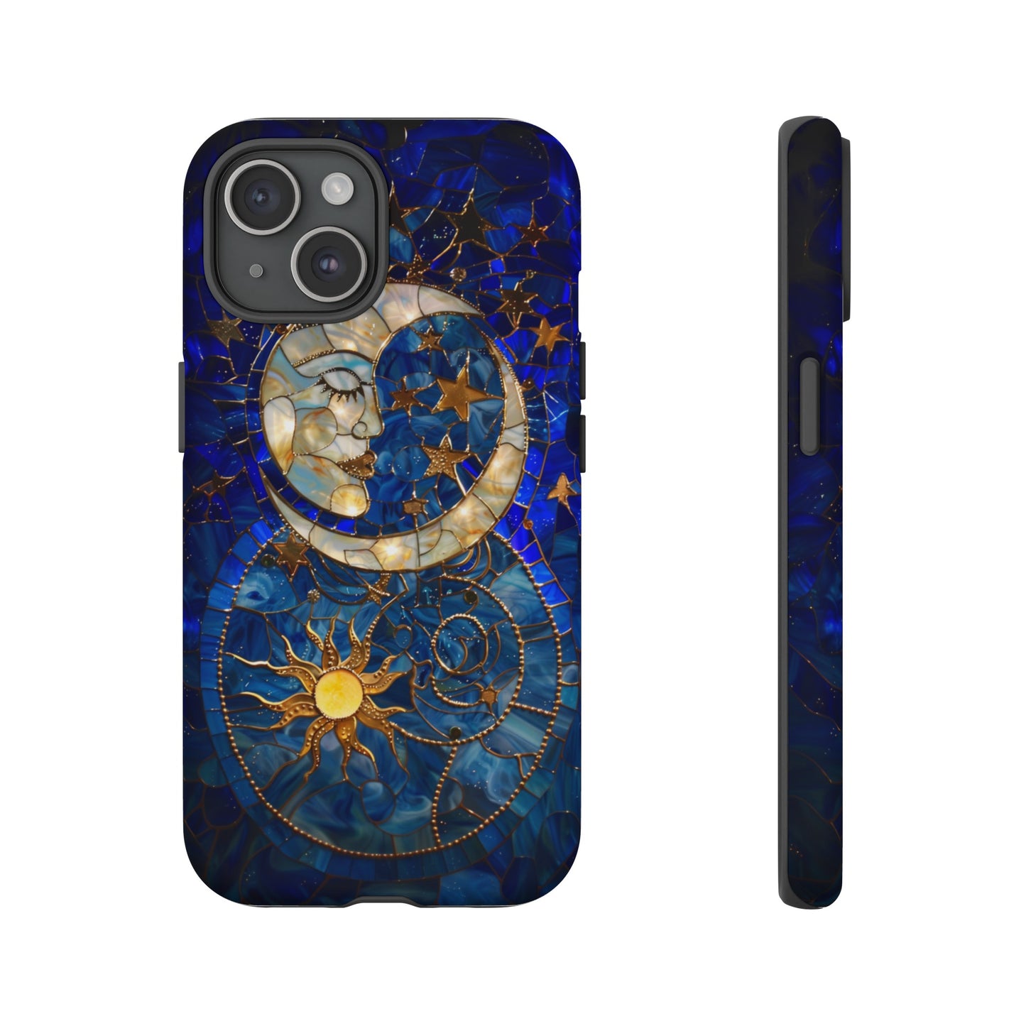 Celestial Stained Glass Moon and Stars Phone Case, Night Sky iPhone 15 Case