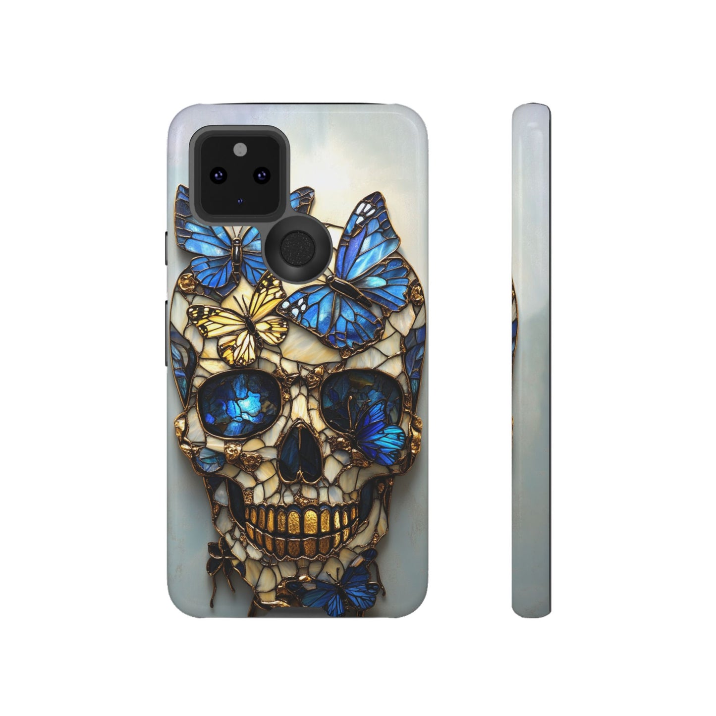 Gold and Blue Stained Glass Skull and Butterflies Phone Cover