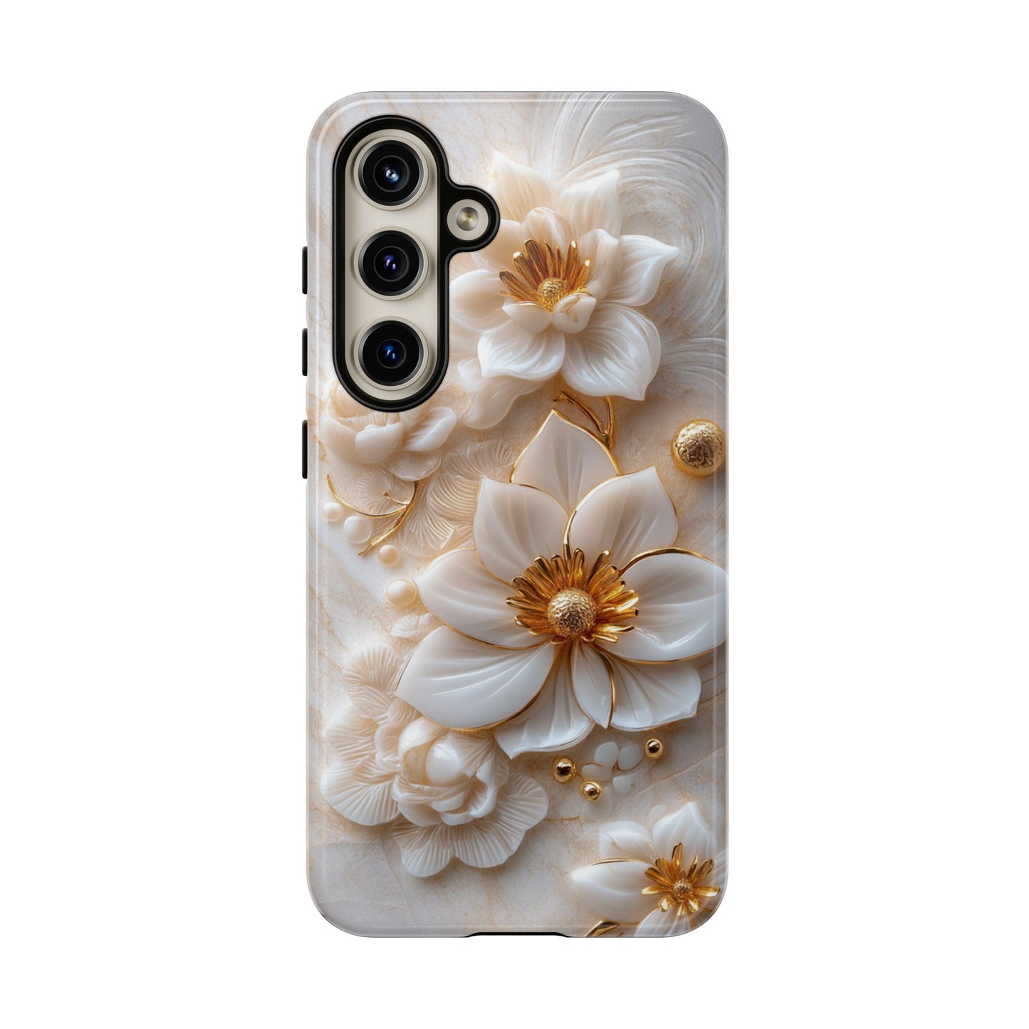 Gold Floral Art Deco Phone Case - White Marble Design