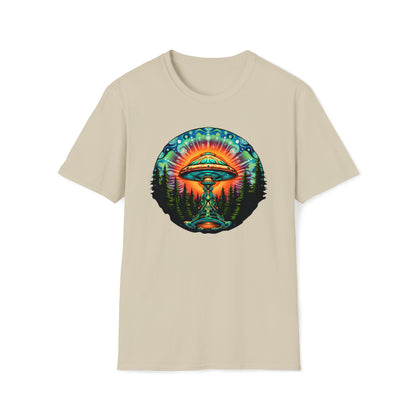 Trippy UFO Galactic Tee - Unisex Cosmic Alien Encounter T-Shirt, Vibrant Space Design