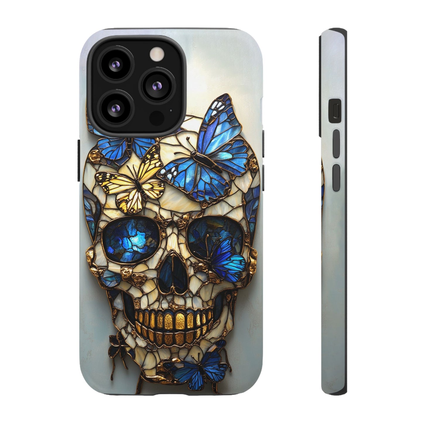 Gold and Blue Stained Glass Skull and Butterflies Phone Cover