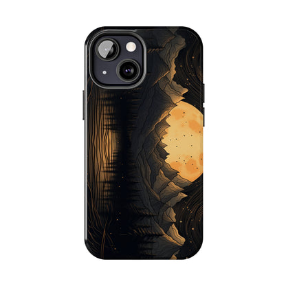 Abstract Landscape Black and Gold Mountains iPhone Case | Embrace the Mystical Full Moon