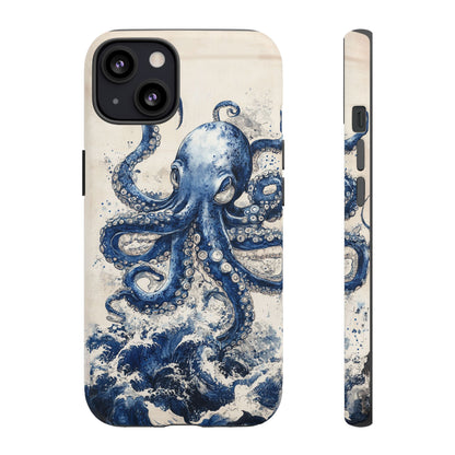 Vintage Japanese Art Style Blue Octopus and Waves Phone Cover