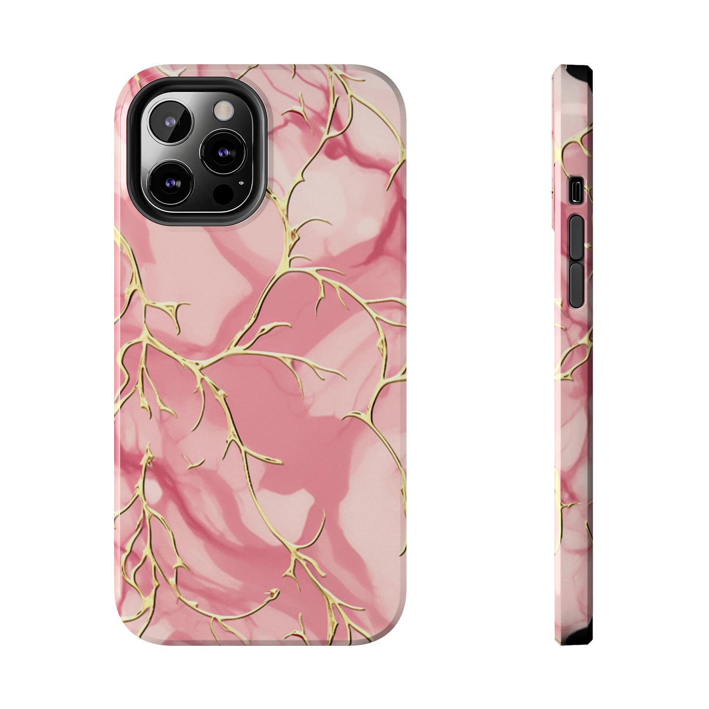 iPhone Elegance Unveiled: Pink & Gold Leaf Marble | Premium Tough iPhone Case