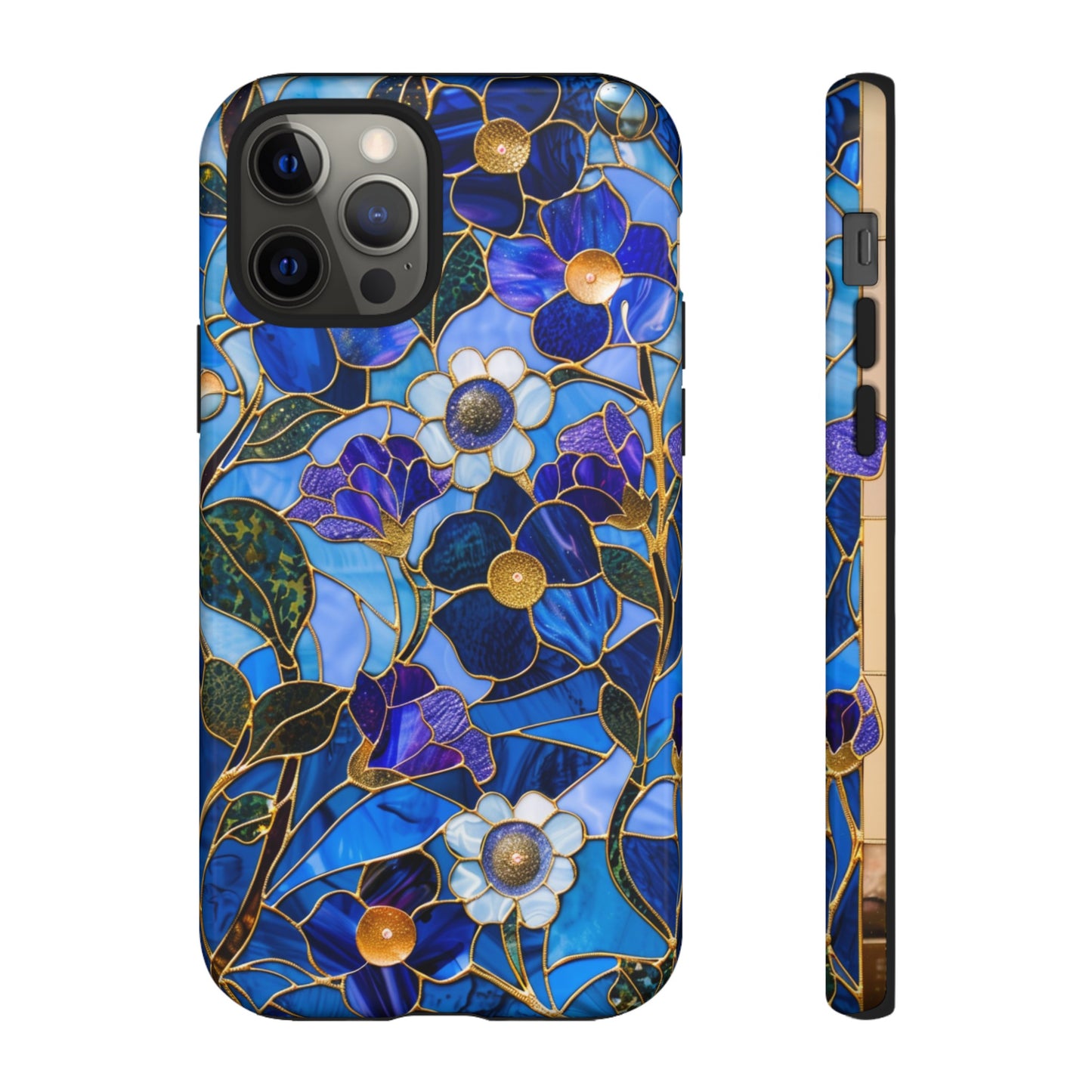 Blue Floral Stained Glass Gold Inlay Wild Flowers Phone Case