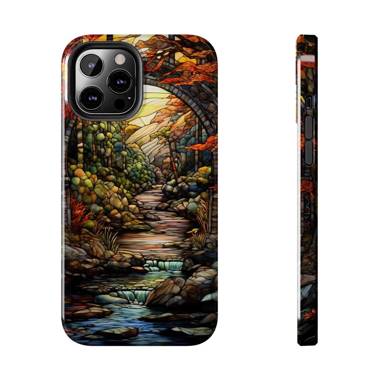 Stained Glass Stone Bridge and River: Floral Art Nouveau Phone Case | Bohemian Elegance for iPhone 14 down to iPhone 7 Models