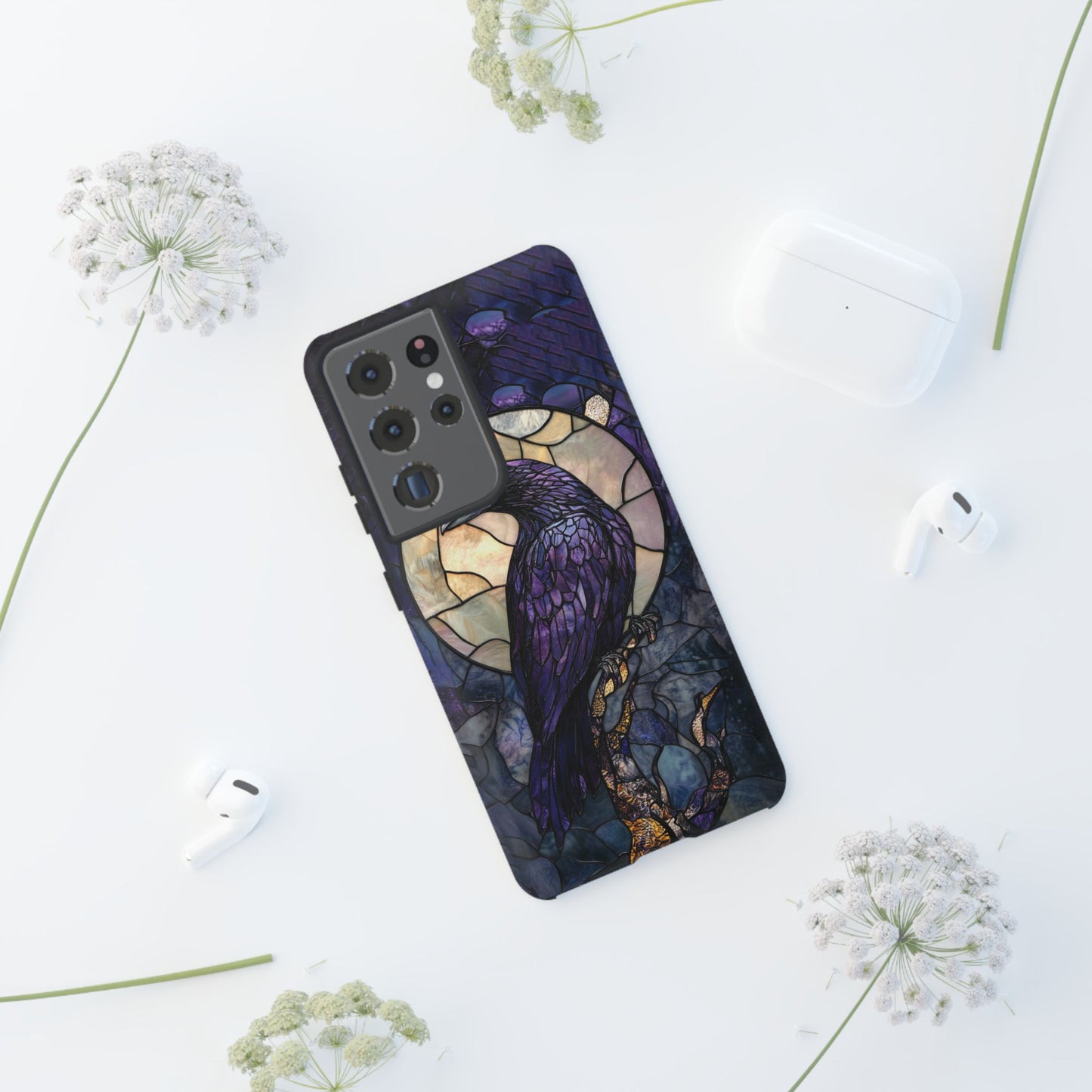 Halloween Phone Case Purple Raven Stained Glass Style Spooky Moon Phone Cover