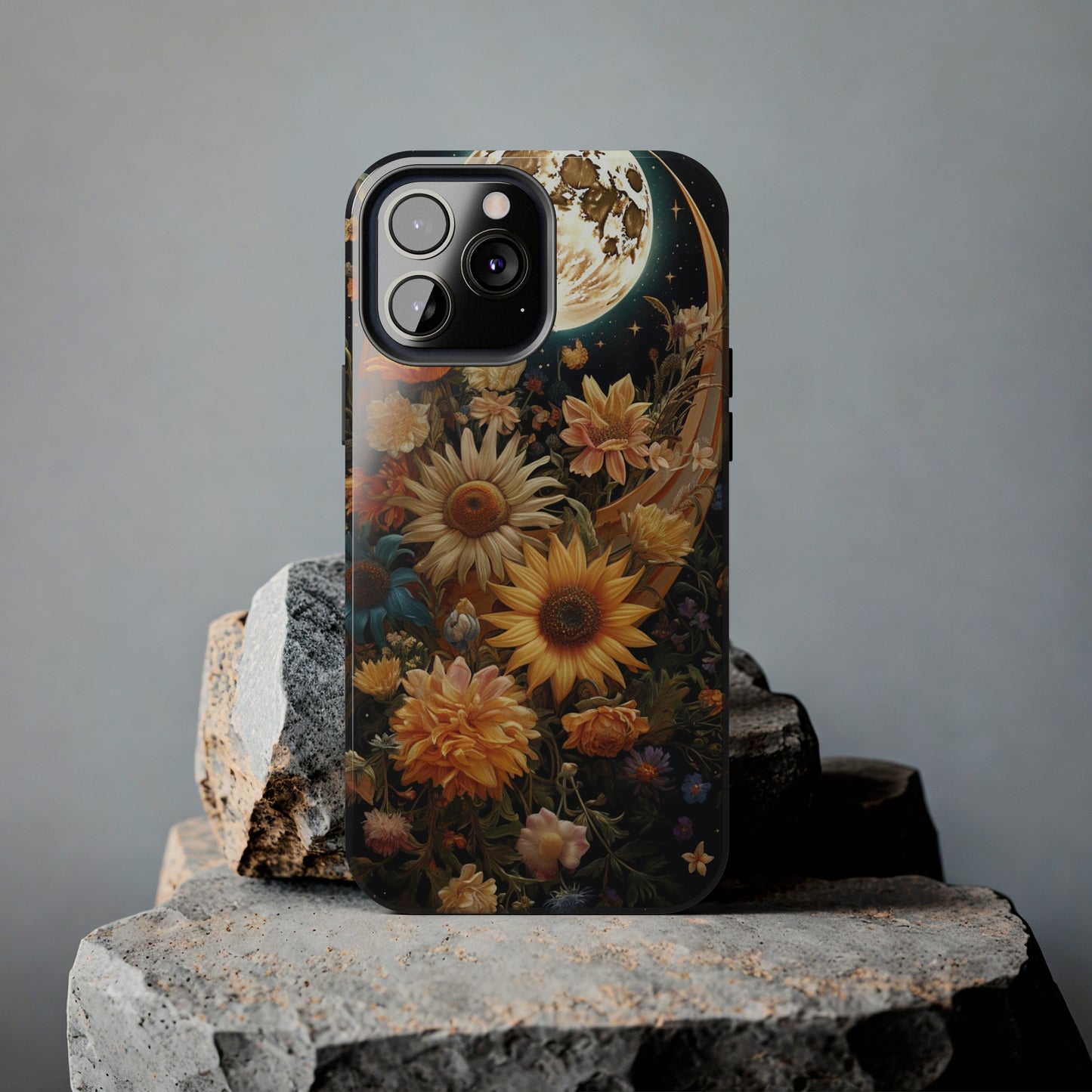 Celestial Charm: iPhone Case with Boho Cottagecore Fusion of Floral, Sun, Moon & Stars