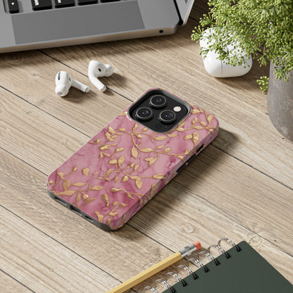 iPhone 14 Case Alluring Elegance: Pink & Gold Leaf Tough iPhone Case