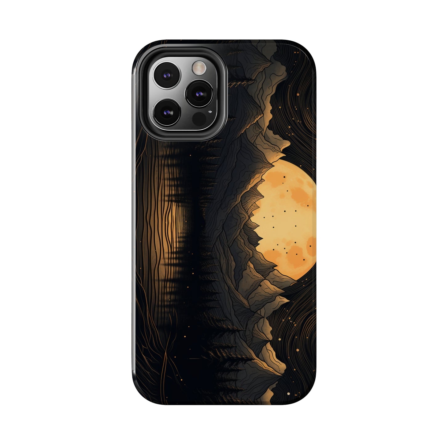 Abstract Landscape Black and Gold Mountains iPhone Case | Embrace the Mystical Full Moon