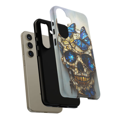 Gold and Blue Stained Glass Skull and Butterflies Phone Cover