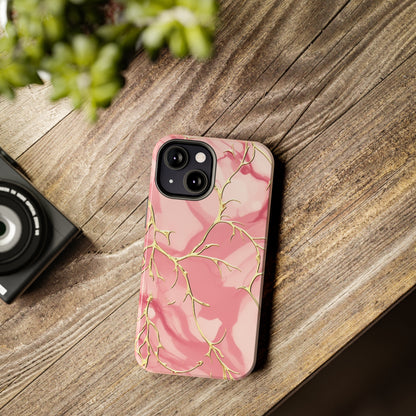 iPhone Elegance Unveiled: Pink & Gold Leaf Marble | Premium Tough iPhone Case