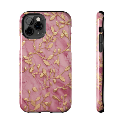 iPhone 14 Case Alluring Elegance: Pink & Gold Leaf Tough iPhone Case