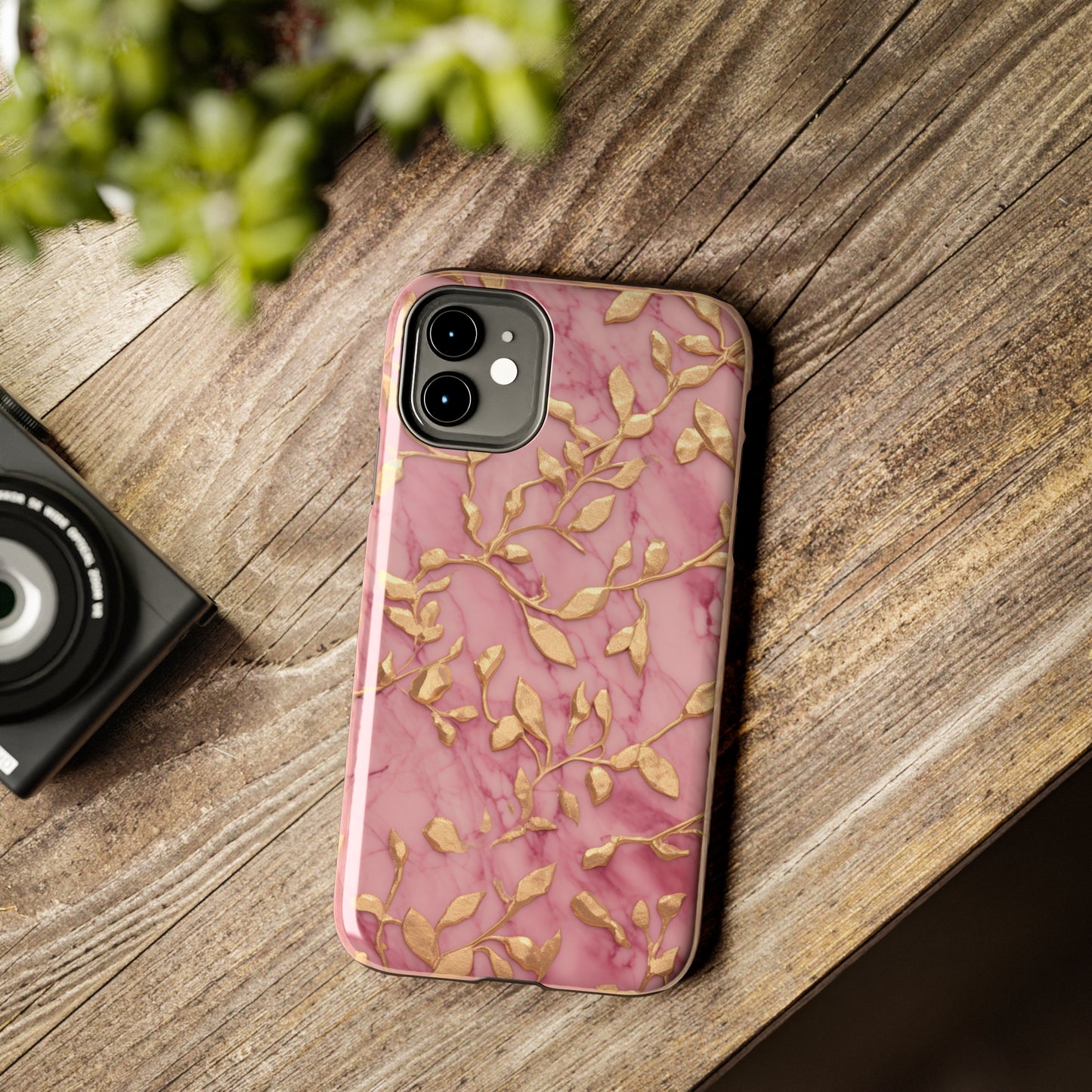 iPhone 14 Case Alluring Elegance: Pink & Gold Leaf Tough iPhone Case