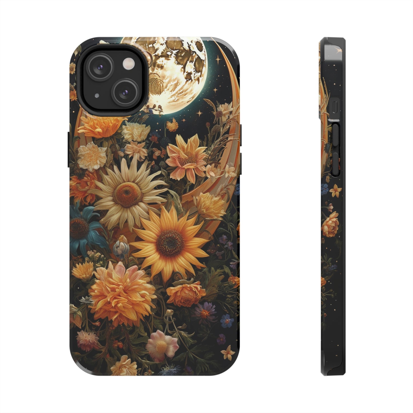 Celestial Charm: iPhone Case with Boho Cottagecore Fusion of Floral, Sun, Moon & Stars