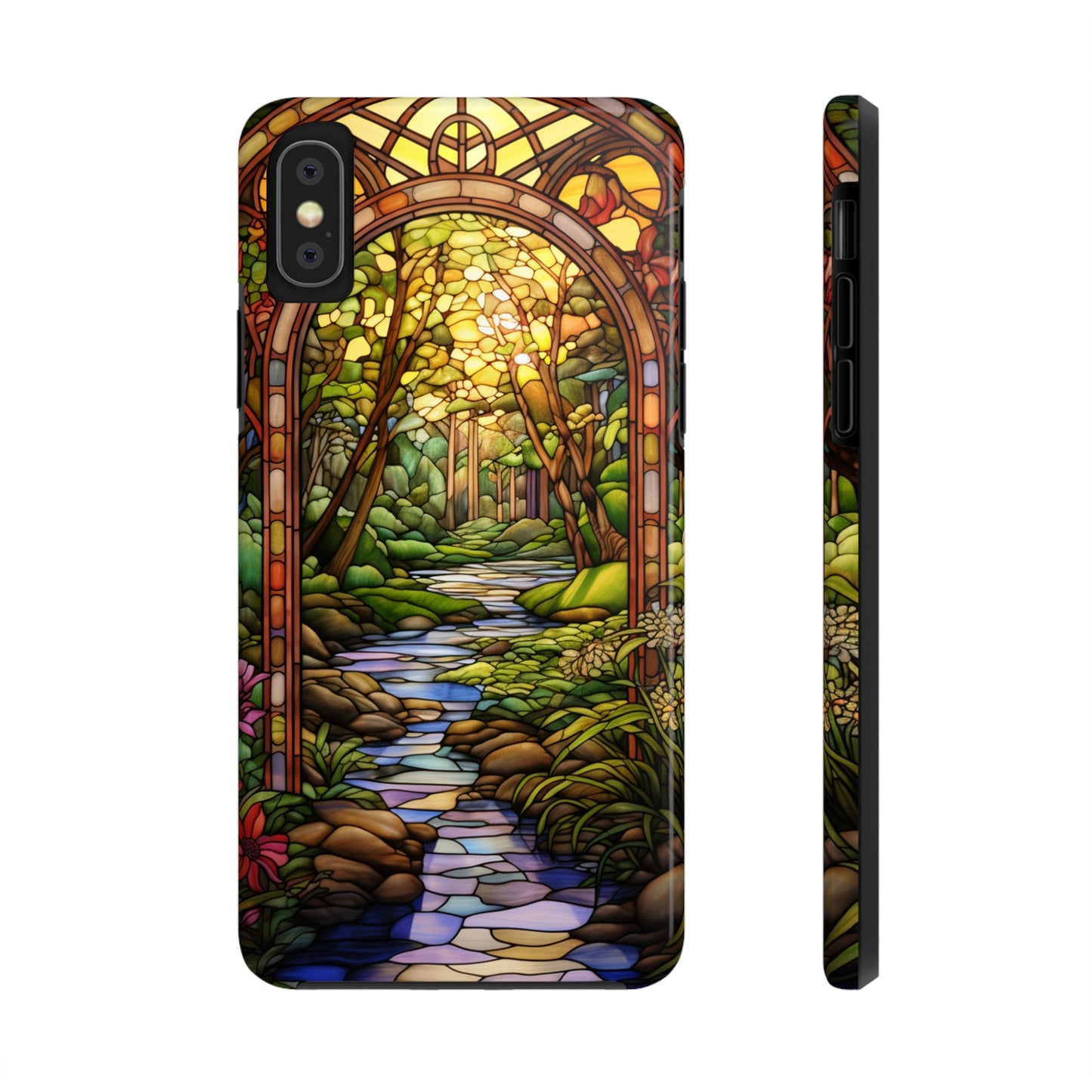 Stained Glass Stone Bridge and River Phone Case: Floral Art Nouveau Design | Bohemian Elegance for iPhone 14 Pro Max, iPhone 14 Plus