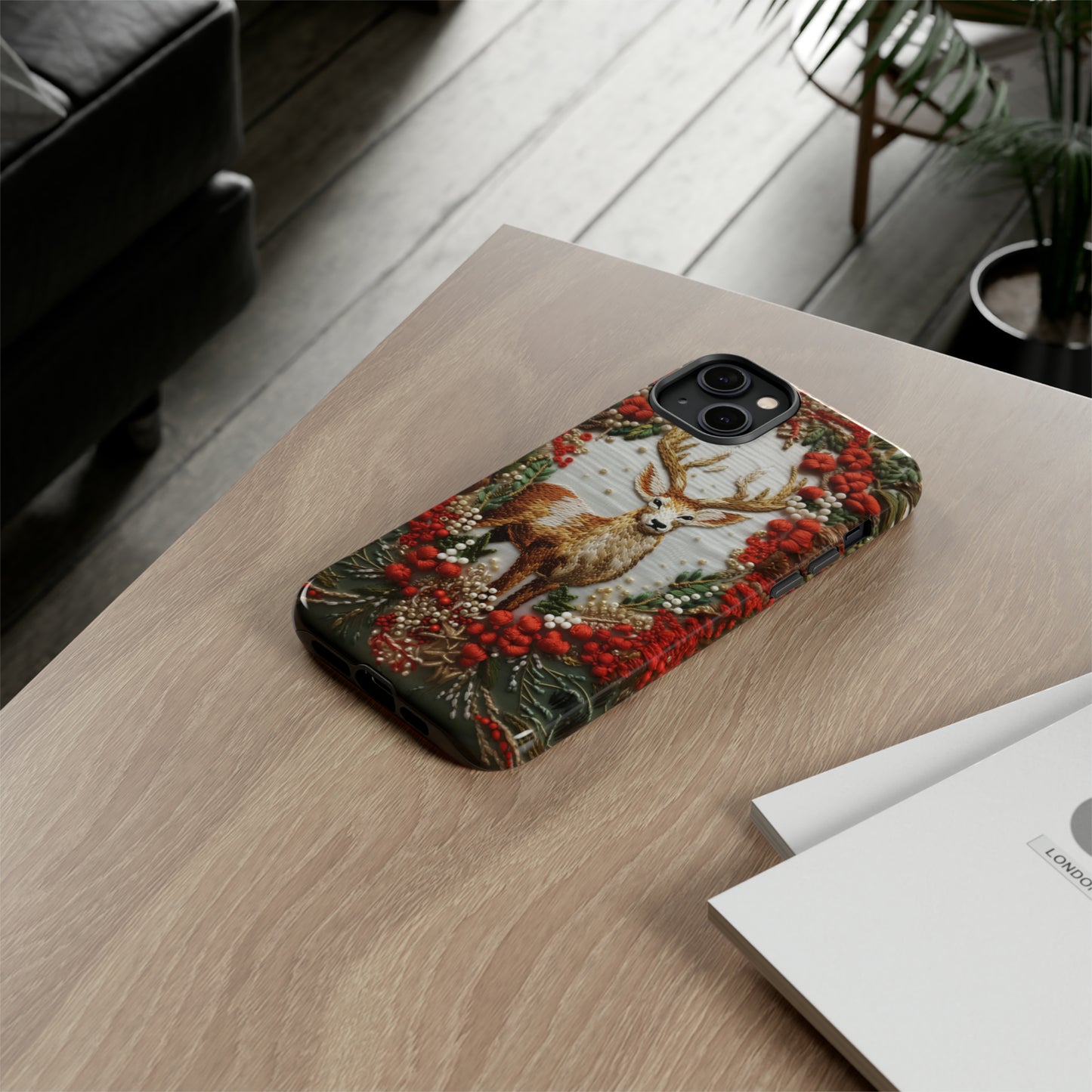 Embroidery Christmas Deer Floral Phone Case