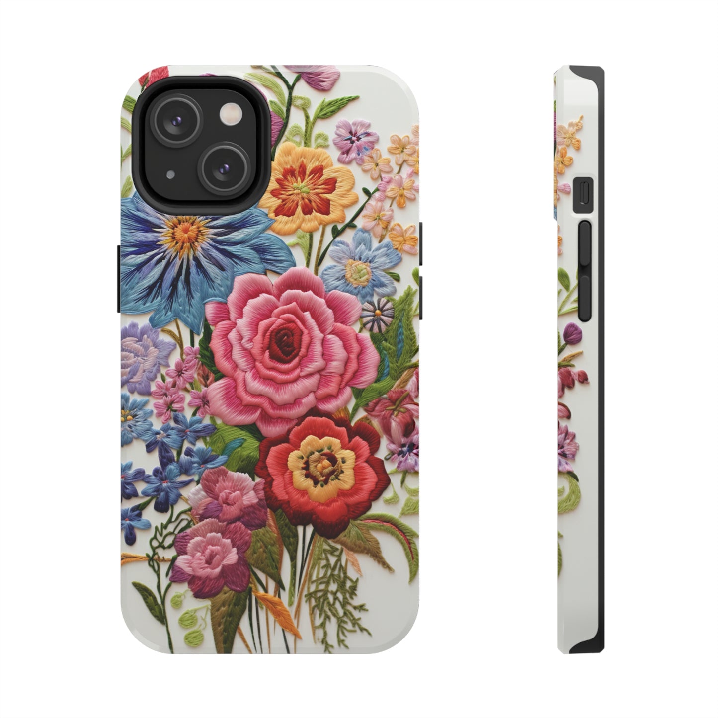 Embroidery Style Floral Aesthetic Flowers in Retro Vintage Tough Case iPhone Case