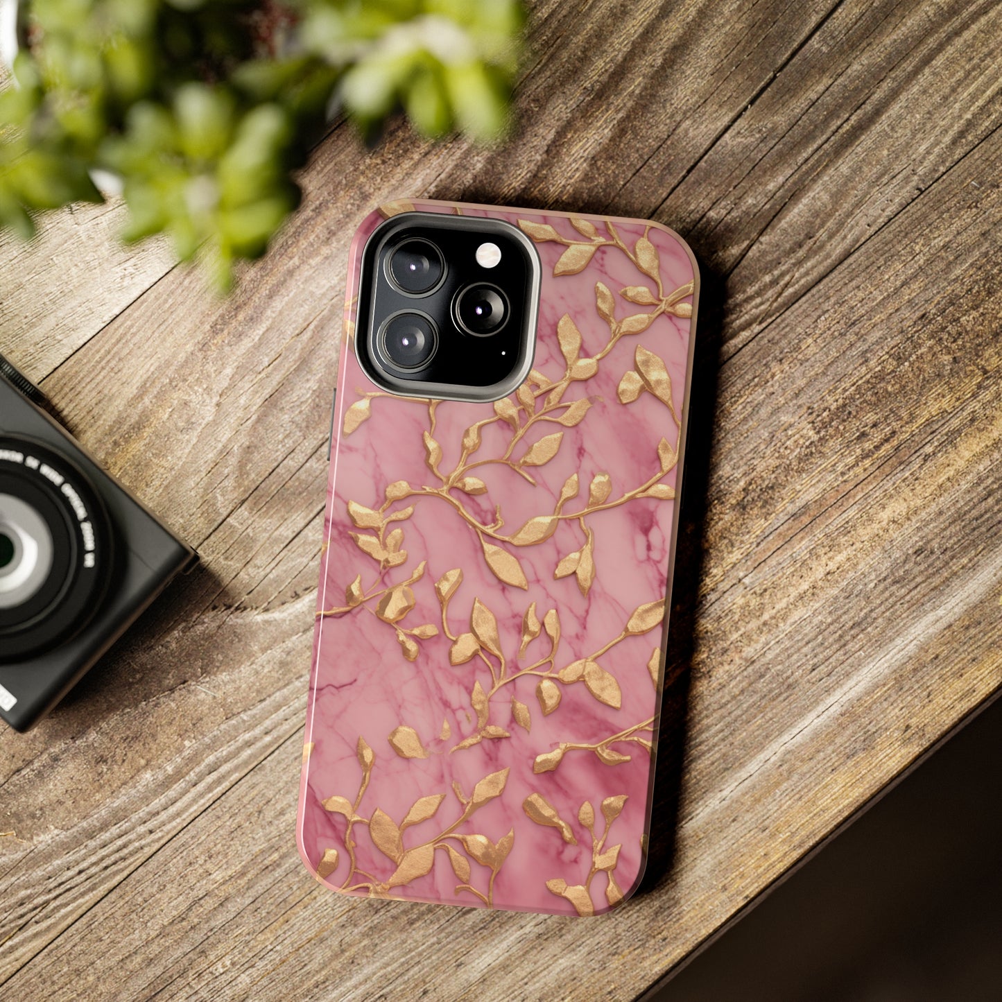 iPhone 14 Case Alluring Elegance: Pink & Gold Leaf Tough iPhone Case