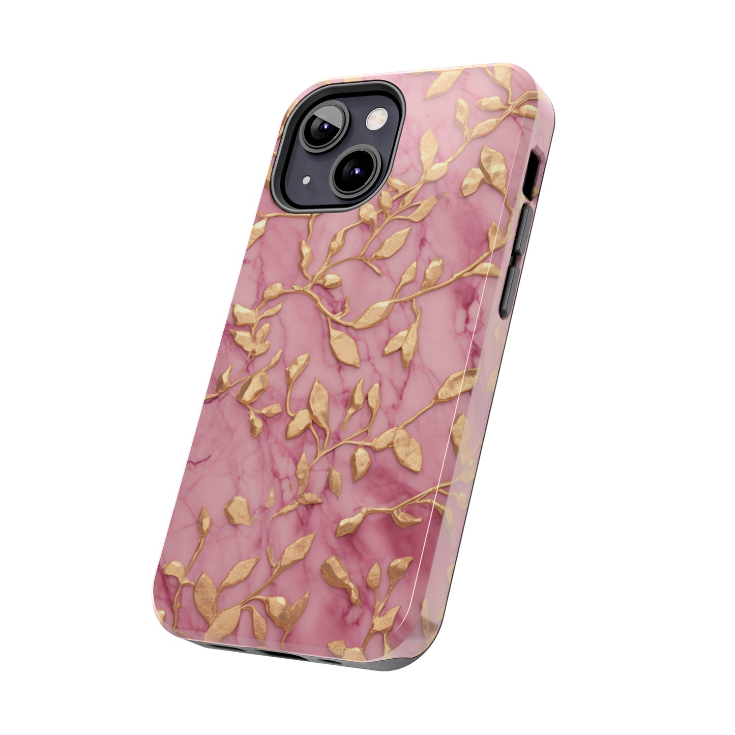 iPhone 14 Case Alluring Elegance: Pink & Gold Leaf Tough iPhone Case