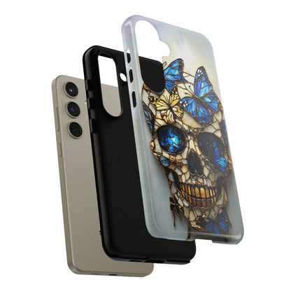 Gold and Blue Stained Glass Skull and Butterflies Phone Cover