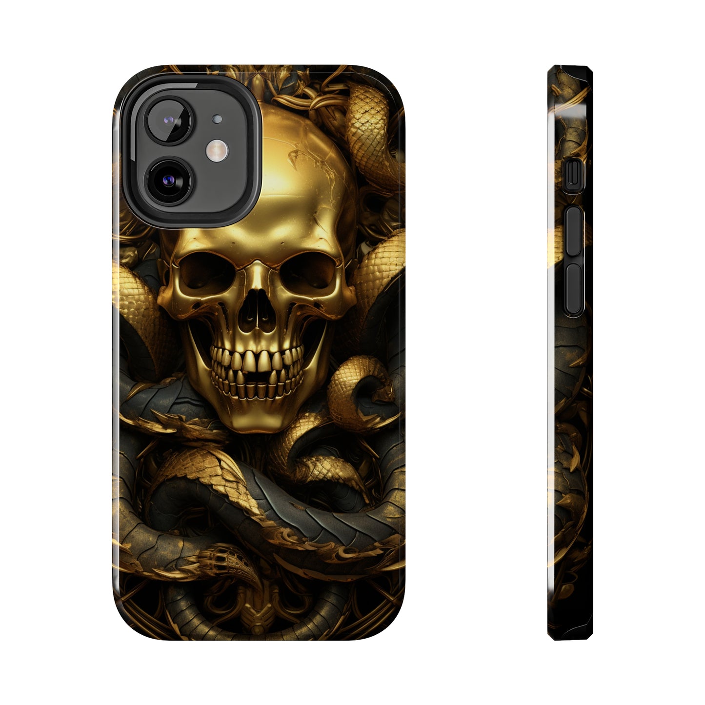 iPhone 14 Case Dark Elegance: Gold Skulls and Snakes Tough iPhone Case | An Edgy Goth Delight