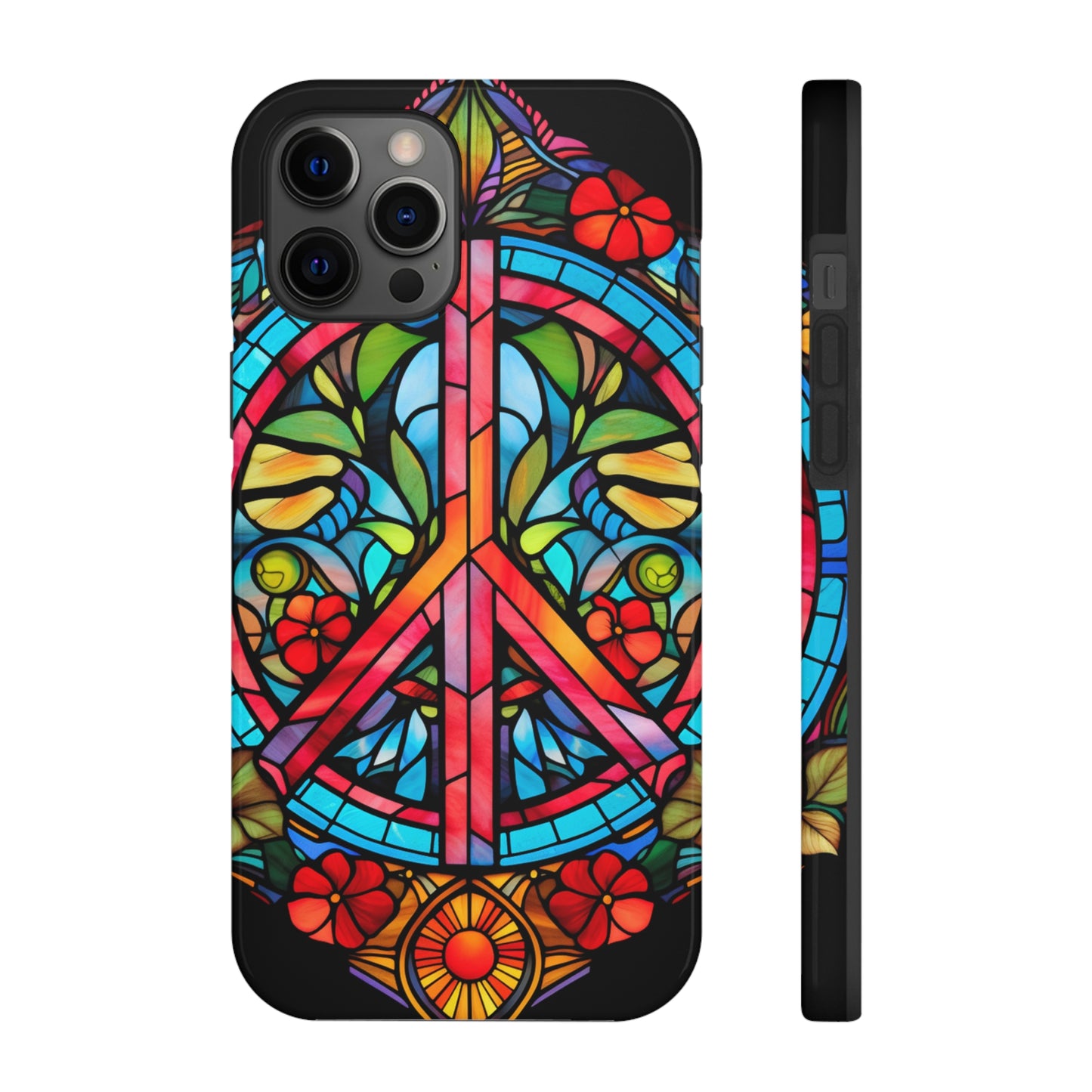 Peace Stained Glass Tough iPhone Case | Trippy Psychedelic Art Colorful Flowers Floral Aesthetic Retro iPhone 14 Plus 13 12 7 8 Se Trendy Hipp