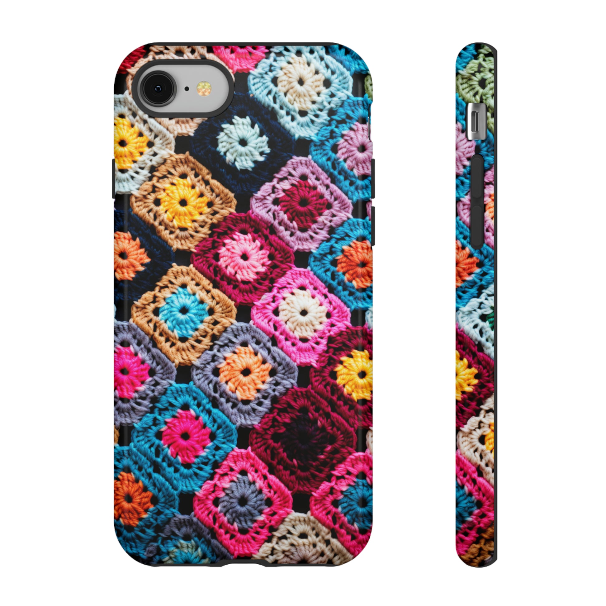 Pixel phone case with cozy retro crochet design